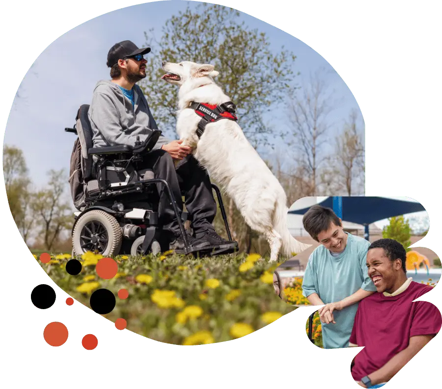 Disabled man sitting in his wheelchair with his service dog and two disabled friends at the bottom